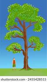 Boy standing by a tall strong tree. Vector illustration.