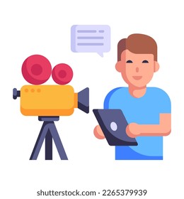 Niño parado con videocámara, concepto de video chat icono plano 