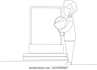 A boy standing in cemetery holding flowers  One line drawing