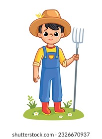 El chico está parado en un claro con un horquillo de cocina vestido de granjero. Ilustración vectorial con un bebé al estilo de las caricaturas.
