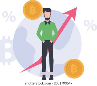 A boy standing in front of bitcoin growth and value.