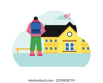 The boy is standing in front of his school, he is about to enter the school waiting for his friend to come.
design, vector, illustration