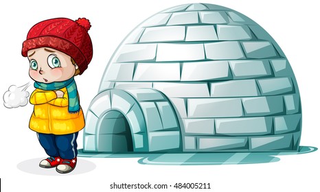 Boy standing in front of igloo illustration