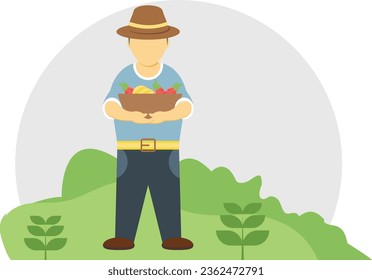 The boy is standing with fruit basket.
