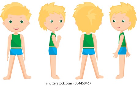 boy standing full face, profile and back. Vector cartoon illustration