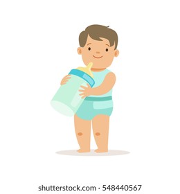 Boy Standing With Giant Milk Bottle, Adorable Smiling Baby Cartoon Character Every Day Situation
