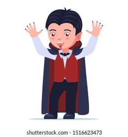 Boy is standing in a Halloween vampire dracula costume with his hands up. A child dressed in a vampire costume. Vector illustration isolated on white.