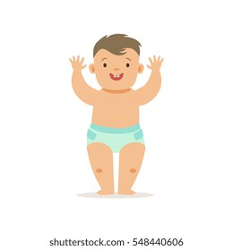Boy Standing WIth Hands Up,, Adorable Smiling Baby Cartoon Character Every Day Situation