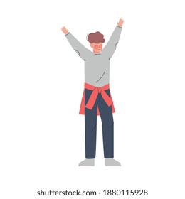 Boy Standing Hands Up, Guy with Raised Hands Having Fun, Celebrating Success, Freedom of Choice Concept Cartoon Vector Illustration