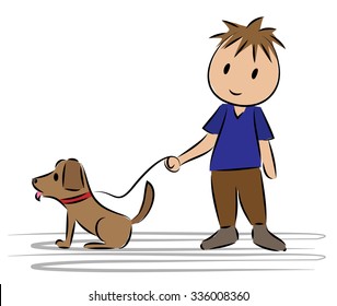 a boy standing with his dog cartoon drawing vector