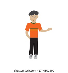 A boy standing with his right hand.