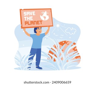 The boy is standing and holding an ecology poster outdoors and calling to protect the earth from waste pollution and saving the planet concept. Trend Modern vector flat illustration