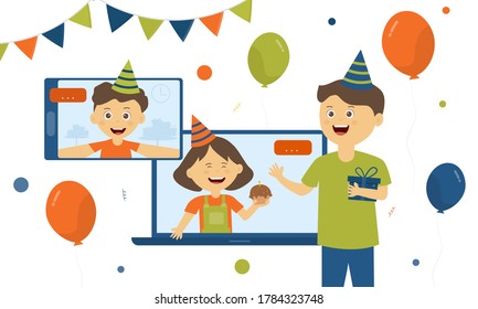 A boy standing holding gift box celebrating a birthday online party Video conference call  at home during quarantine meeting friends. Girls and boys selfies surprise birthday  new normal concept.