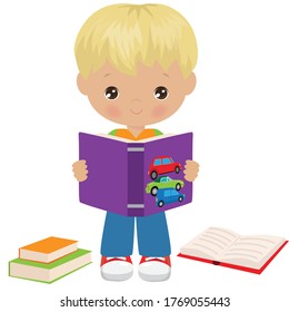 Boy standing and holding an open book