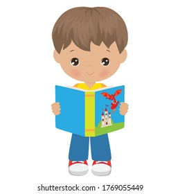 Boy standing and holding an open book