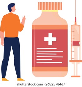 Um menino em pé com uma jarra de insulina, olhando preocupado, segurando a medicação que ajuda a gerenciar seu diabetes, simbolizando saúde, cuidados médicos, gestão de diabetes e desafios de saúde infantil