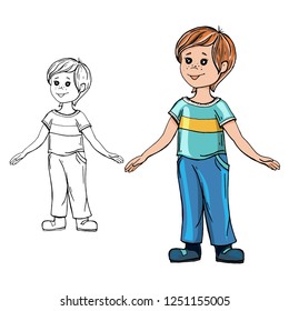 boy standing isolated, Funny cartoon character. Vector illustration. Isolated on white background. Coloring book. Color and black and white image