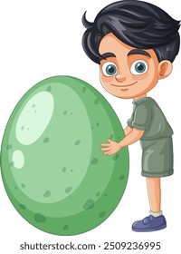 Un niño de pie con un Grande huevo de dinosaurio