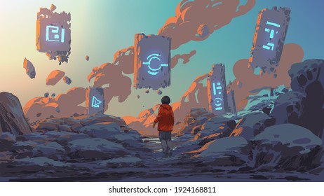 boy standing and looking at the magic rocks floating in the sky, vector illustration