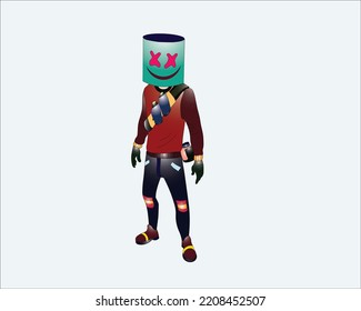 The boy is standing with a mask ‍and white background.