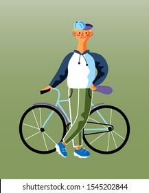 Boy standing near bicycle flat vector illustration. Young cyclist, sportsman cartoon character. Male holiday-maker. Active outdoor rest, leisure, sport concept. Environment friendly transport