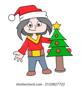 boy is standing near the christmas fir tree, vector illustration art. doodle icon image kawaii.