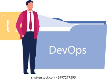 A boy is standing near the DevOps folder.