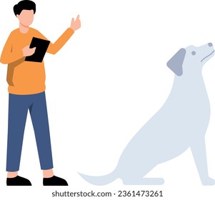 A boy standing next to a dog is holding a tab.