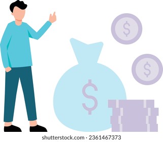 Boy standing next to dollar coins and sack.