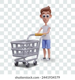 Boy is standing next to empty shopping cart. Vector realistic child character in shop