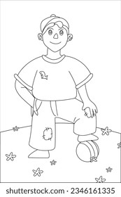 Boy standing on a ball in a field with flowers on the ground and blue sky behind him, character design, character portrait. line and vector