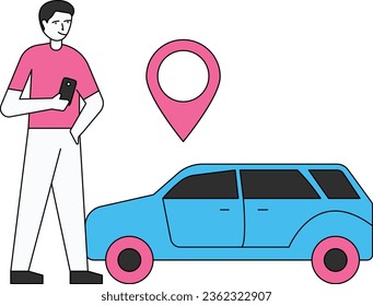 The boy is standing on the car location.
