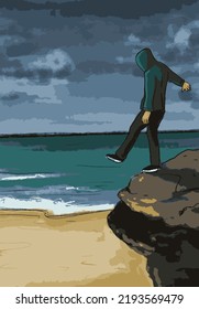The boy is standing on the edge of a cliff. Concept: teen depression, psychology