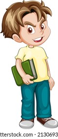 Un niño parado en el suelo y portando un caricaturista de libro sobre ilustración de fondo blanco