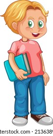 Un niño parado en el suelo y portando un caricaturista de libro sobre ilustración de fondo blanco