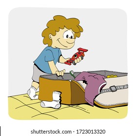 Boy standing on his bed, packing his bag and putting toys in it before going holidays. Cute cartoon style vector illustration.