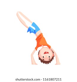 Boy standing on his hands practicing capoeira movement, kid character doing combat element of martial art, capoeira dancer pose vector Illustration