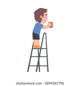 Boy Standing on Ladder Cleaning with Rag, Kid Taking Care about Ecology, Conservation of Planet Resources Concept Cartoon Vector Illustration