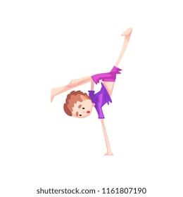 Boy standing on one hand practicing capoeira movement, kid character doing combat element of martial art, capoeira dancer pose vector Illustration on a white background