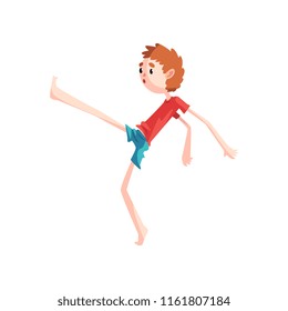 Boy standing on one leg practicing capoeira movement, kid character doing element of martial art, capoeira dancer pose vector Illustration on a white background