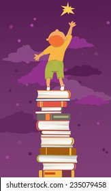 Boy, standing on a pile of book reaching for a star