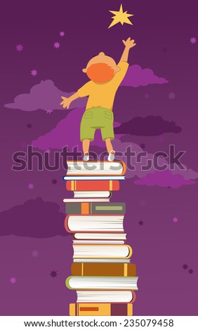 Boy, standing on a pile of book reaching for a star