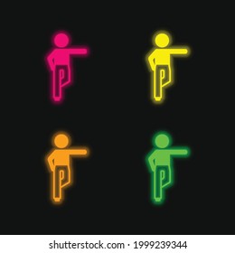 Boy Standing On Right Leg Stretling Left Arm icono de vector neonatal brillante de cuatro colores