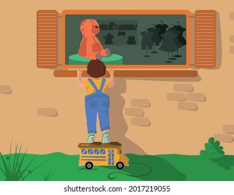 A boy standing on a school bus is watching through a window to a fluffy bear toy in a shop