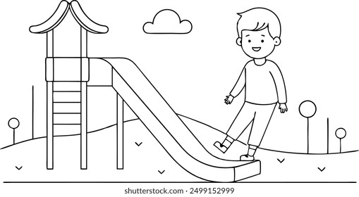 A boy is standing on a slide. The slide is red and white