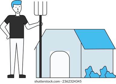 The boy is standing with a pitch fork near the farmhouse.