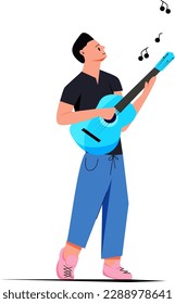 Junge, der blauer Gitarre spielt