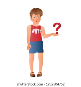 Boy standing with question mark in his hand. Vector illustration isolated on white.