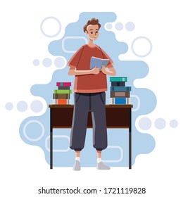 Niño de pie leyendo un libro delante de la mesa. Estudiando de vuelta a la escuela. Vector e ilustración