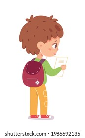 Boy standing and reading book. Joyful child with rucksack. Positive emotion and fun vector illustration. Cute cheerful little kid in good mood, back view on white background.